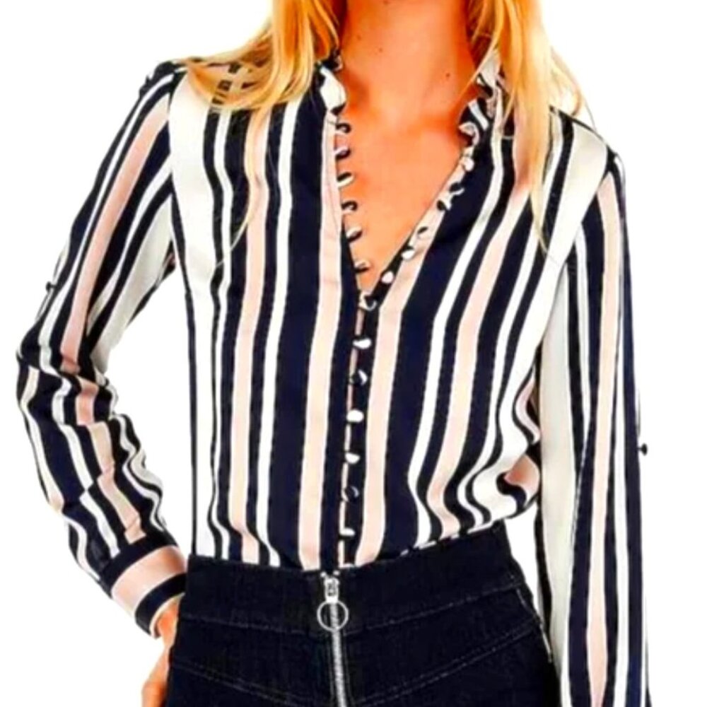 Slim Fit Striped Ruffle Collar Portofino Shirt / Sz XS